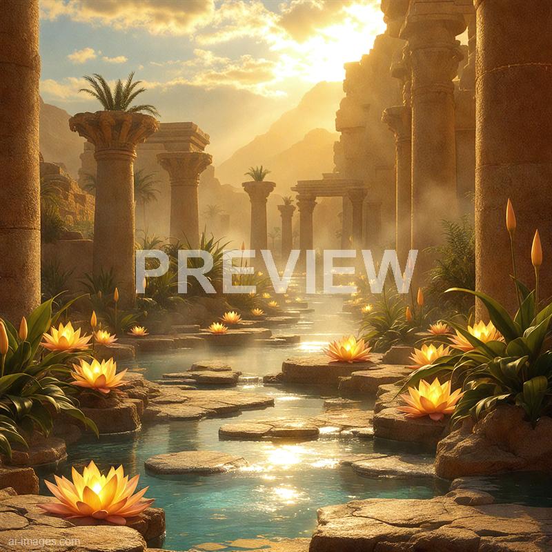 The image depicts an ancient, mystical landscape with tall, weathered stone columns lining a tranquil waterway filled with glowing lotus flowers. The scene is bathed in warm, golden sunlight filtering through a partly cloudy sky, creating a serene and ethereal atmosphere. In the background, misty mountains rise behind the ruins, with some palm trees sprouting from the tops of the columns, enhancing the sense of a forgotten, magical civilization.